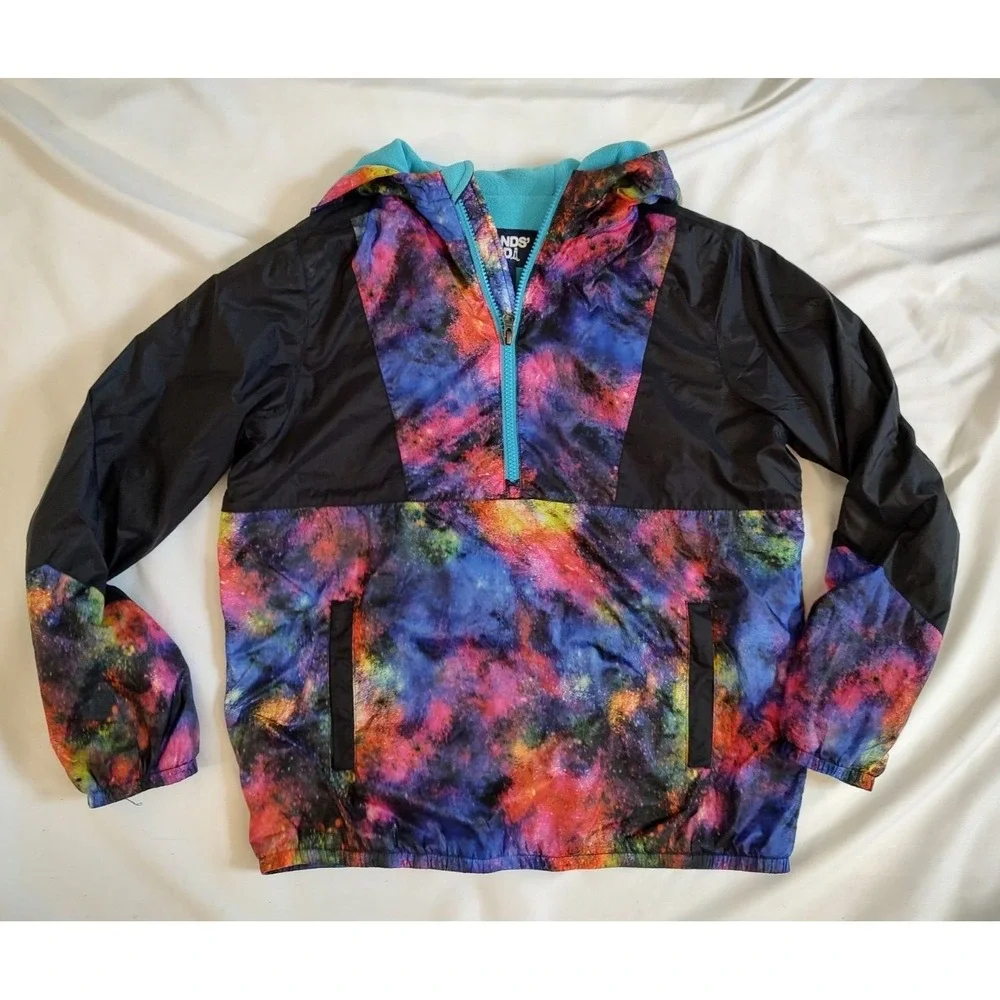 Lands' End Jacket Galaxy Print & Black Fleece Lined 1/4 Zip Hood Girls XL 14-16